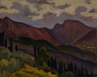 Evening in Mountainous Corinthia — Oil painting, Fiberboard, 40.00×50.00cm — Theodoros Markellos